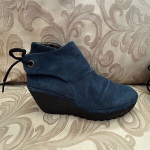 Women's Fly Long 48 Blue Black Suede Ankle Boots Booties Wedge Bow